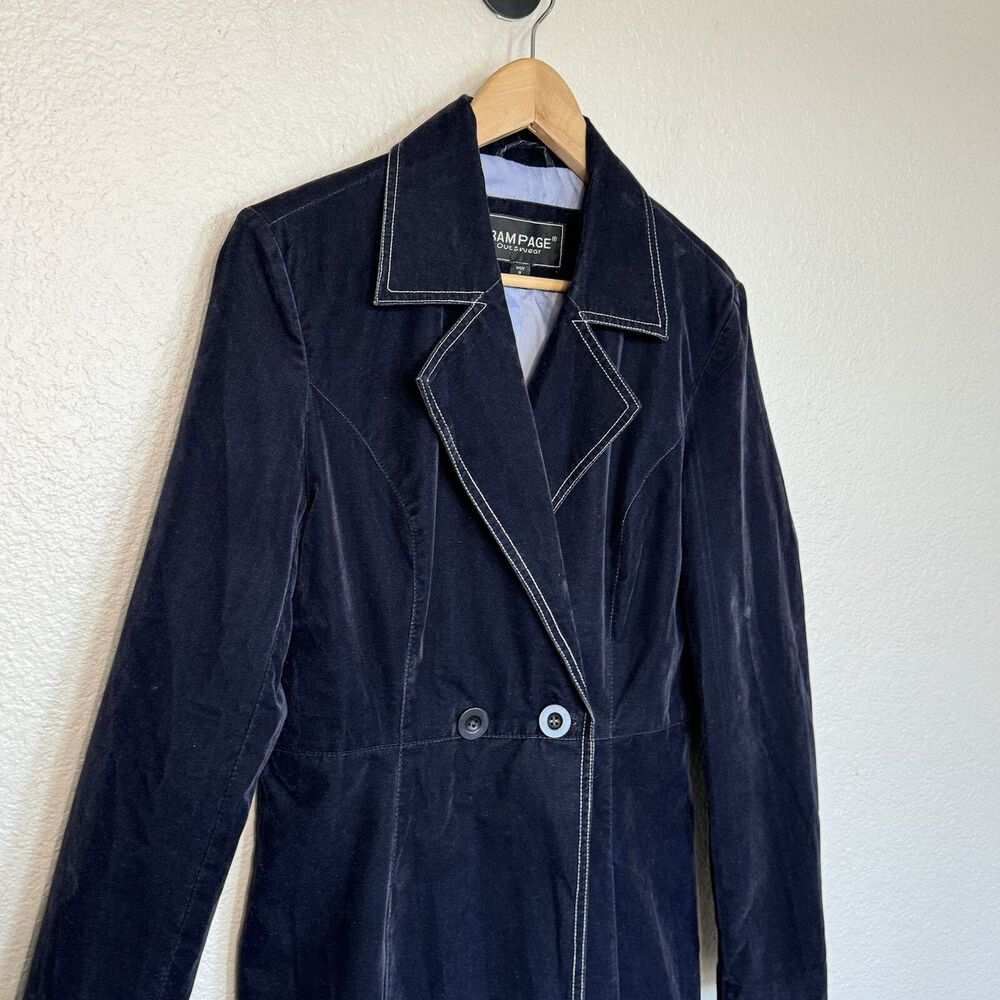 Vintage Rampage Outerwear Long Coat Navy Velvet Notch Lapel Button Retro Women L